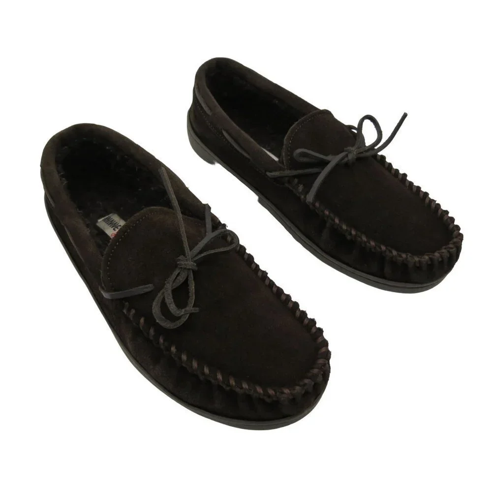 MINNETONKA Men's Dark Brown Suede Pile Lined Hardsole Moccasin Slippers 10